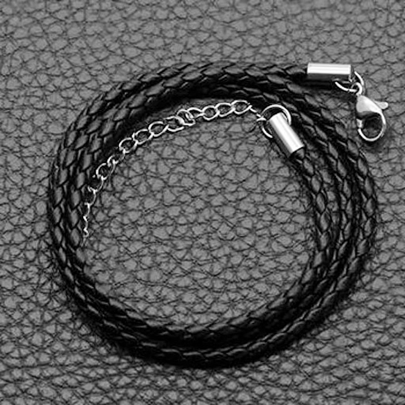 Stainless steel lobster buckle, black leather braided necklace rope