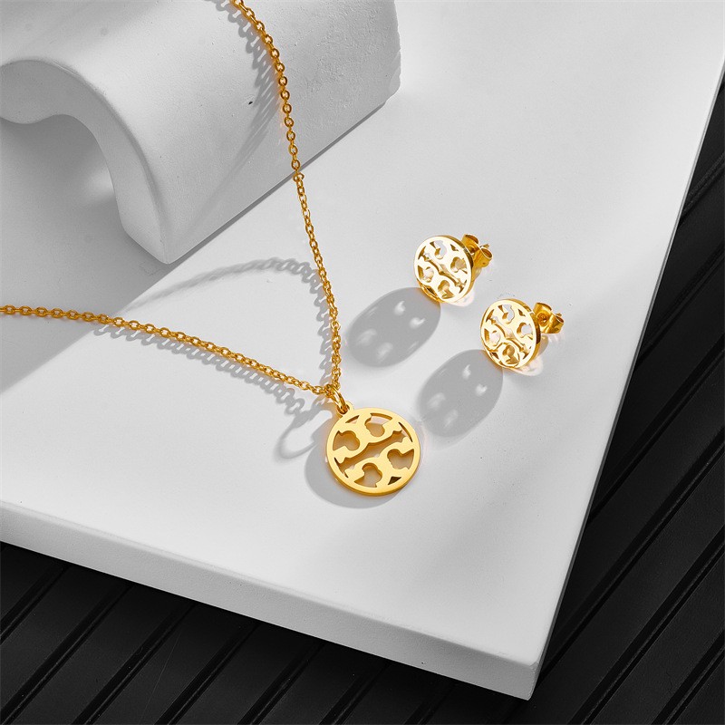 Stainless Steel Hollow Pattern Circle Necklace Earring Combo Handmade Gifts Daily Wear Jewelry Findings