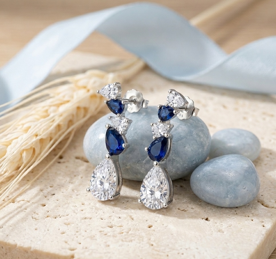 925 Sterling Silver Blue Simulated Sapphire Drop Earrings with Created Diamonds for Women