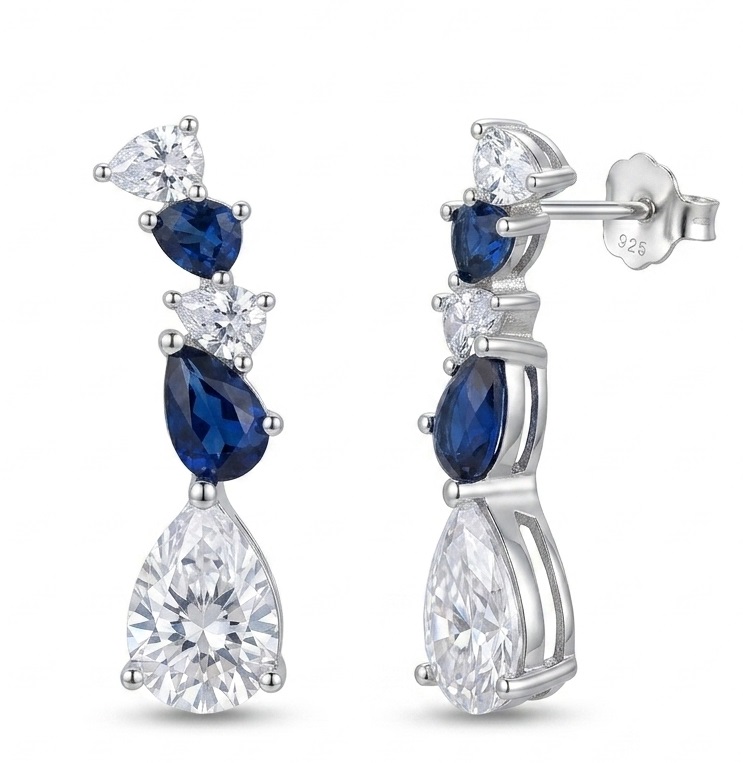 925 Sterling Silver Blue Simulated Sapphire Drop Earrings with Created Diamonds for Women