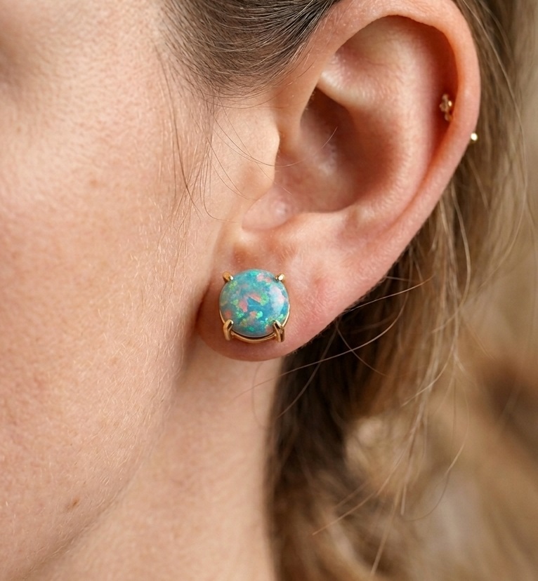 Minimalist S925 Sterling Silver Blue Opal Earrings Dainty Round Cabochon Fire Opal Studs Delicate Jewelry for Her