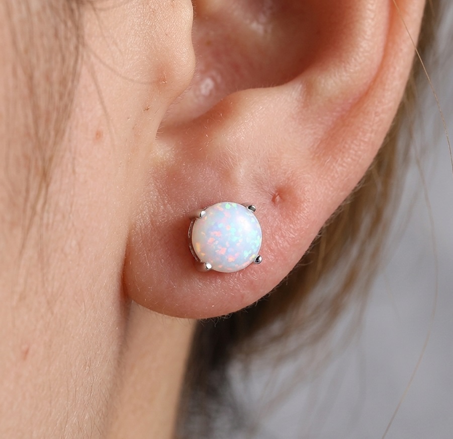 Minimalist S925 Sterling Silver Blue Opal Earrings Dainty Round Cabochon Fire Opal Studs Delicate Jewelry for Her