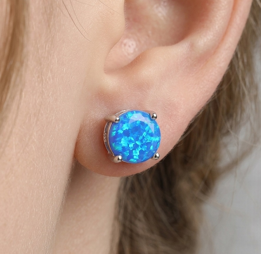 Minimalist S925 Sterling Silver Blue Opal Earrings Dainty Round Cabochon Fire Opal Studs Delicate Jewelry for Her