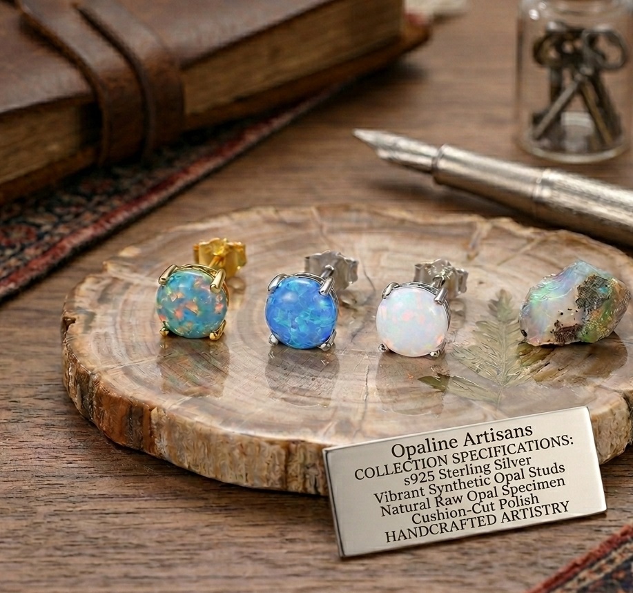 Minimalist S925 Sterling Silver Blue Opal Earrings Dainty Round Cabochon Fire Opal Studs Delicate Jewelry for Her