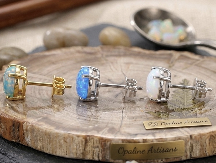 Minimalist S925 Sterling Silver Blue Opal Earrings Dainty Round Cabochon Fire Opal Studs Delicate Jewelry for Her