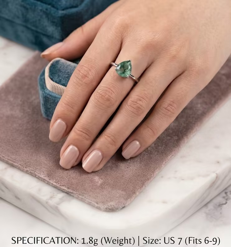 Natural Green Agate Teardrop Ring in S925 Sterling Silver Dainty Minimalist Ring for Women Everyday Elegant Jewelry