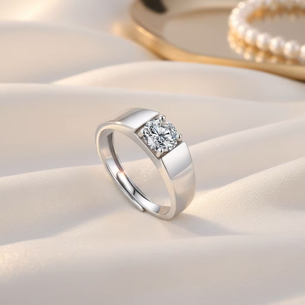 925 Silver Men's High Version Adjustable Moissanite Ring with Prong Setting and Geometric Design