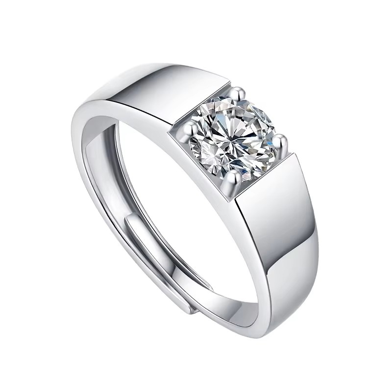 925 Silver Men's High Version Adjustable Moissanite Ring with Prong Setting and Geometric Design
