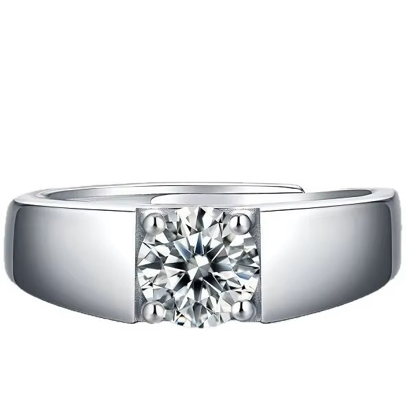 925 Silver Men's High Version Adjustable Moissanite Ring with Prong Setting and Geometric Design