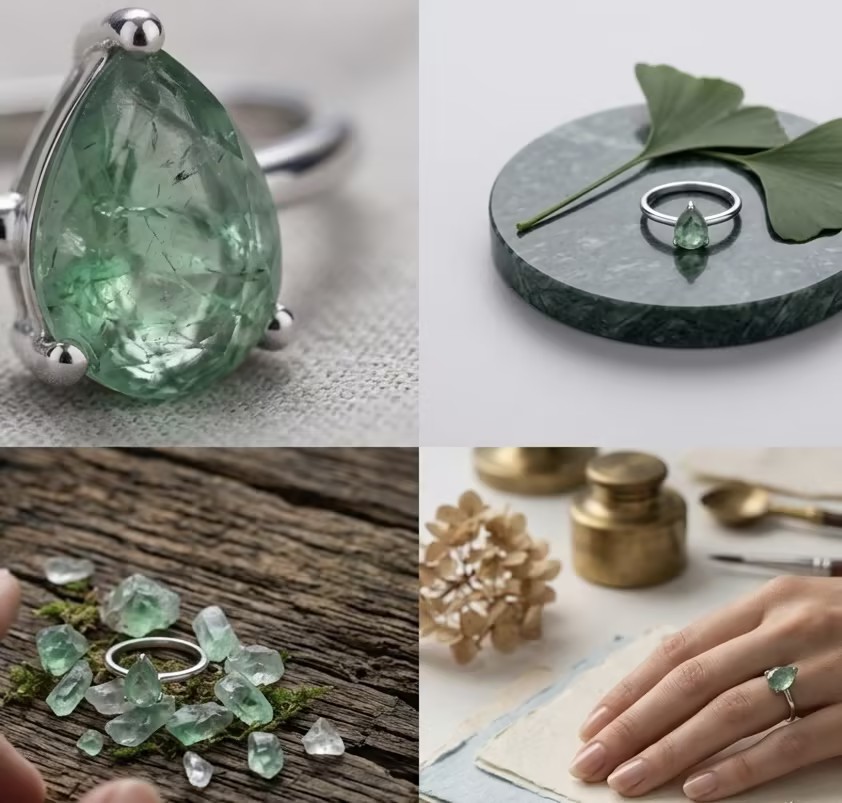 Natural Green Agate Teardrop Ring in S925 Sterling Silver Dainty Minimalist Ring for Women Everyday Elegant Jewelry