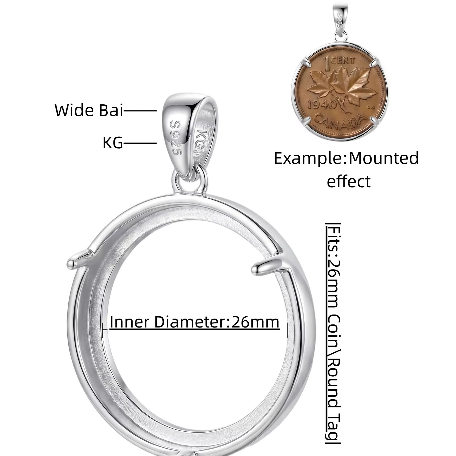 （无工费）925 sterling silver coin bezels with 27.3mm size, 20mm lugs, and snap-in closure.