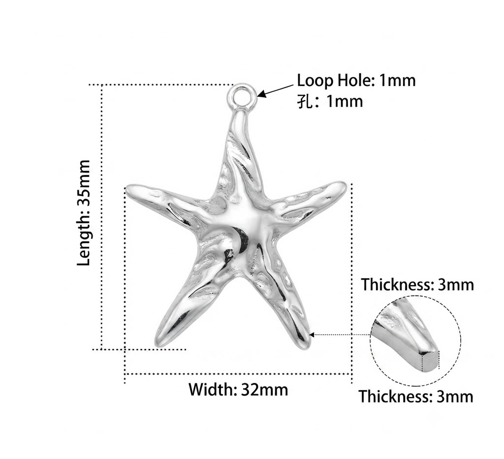 Stainless Steel Concave Convex Starfish Drop Pendant Handmade Gifts Custom Bracelet Jewelry Findings