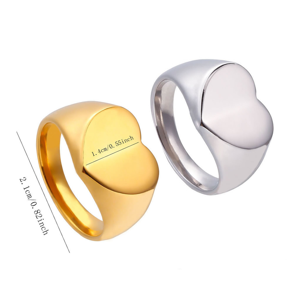 18K Gold Plated Stainless Steel Heart Signet Ring - Non Tarnish Chunky Love Band Jewelry for Women