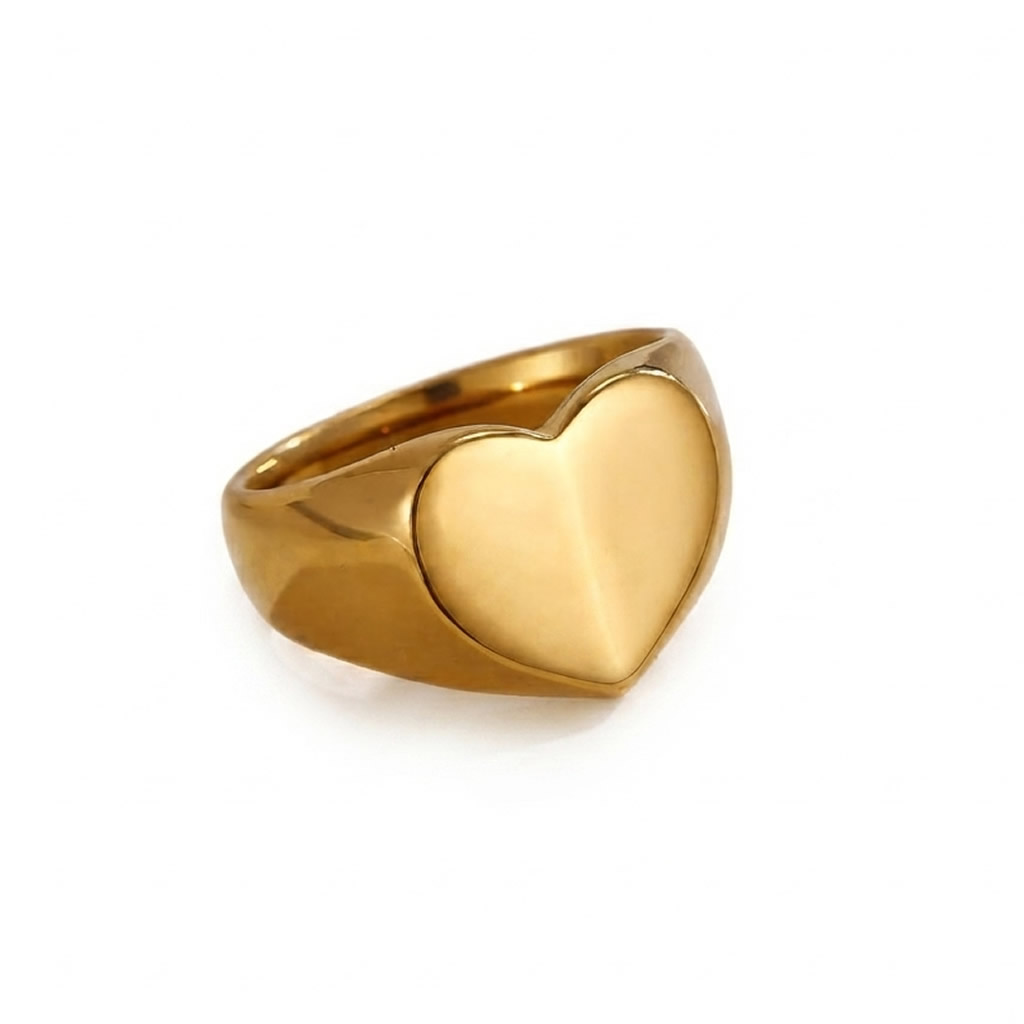 18K Gold Plated Stainless Steel Heart Signet Ring - Non Tarnish Chunky Love Band Jewelry for Women