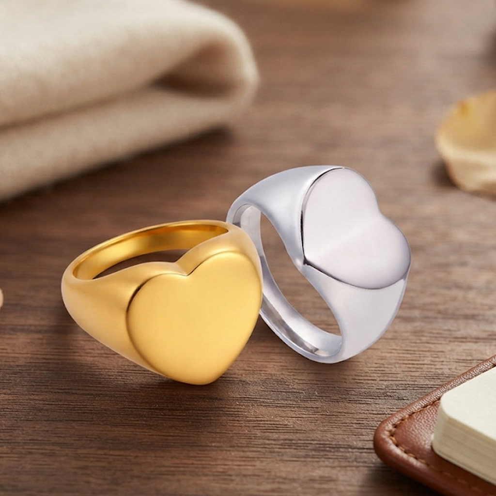 18K Gold Plated Stainless Steel Heart Signet Ring - Non Tarnish Chunky Love Band Jewelry for Women