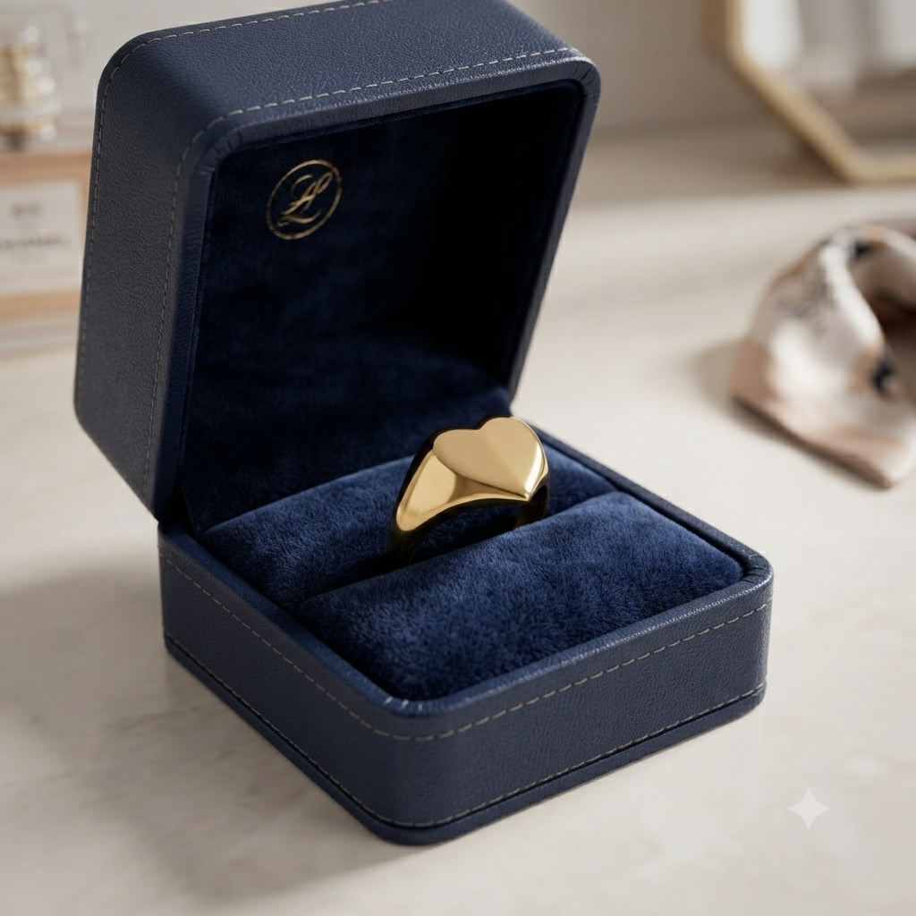 18K Gold Plated Stainless Steel Heart Signet Ring - Non Tarnish Chunky Love Band Jewelry for Women