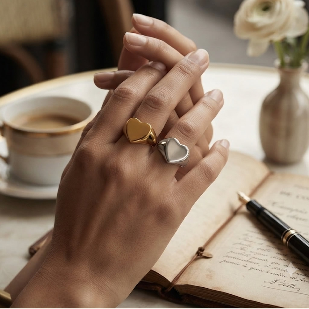 18K Gold Plated Stainless Steel Heart Signet Ring - Non Tarnish Chunky Love Band Jewelry for Women