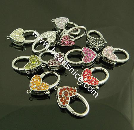 Lobster claw clasp with Rhinestone,alloy, mix-color ,lead-free, nickel-free, 31.5x20mm,hole approx 2.5mm