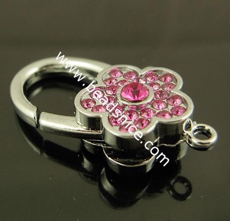 Lobster claw clasp with Rhinestone,alloy, lead-free, nickel-free, 33x19.5mm,hole approx 2.5mm