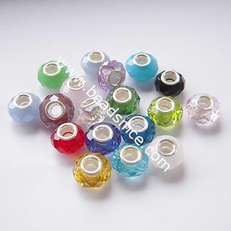 Crystal European Beads, with 925 sterling silver core, Rondelle,Mix-color, 13.5x9.5mm, Hole:Approx 4.5MM