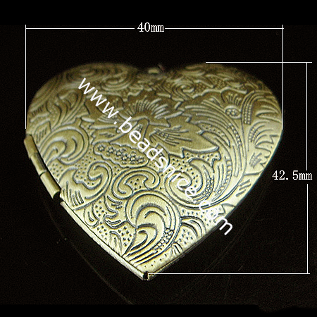 Brass Pendant, Album box, Heart, 42.5x40mm,inside diameter 29x26.5mm,Nickel free, Hole:Approx 2.5MM, 