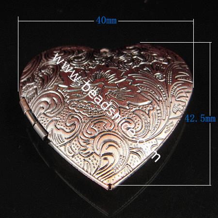 Brass Pendant, Album box, Heart, 42.5x40mm,inside diameter 29x26.5mm,Nickel free, Hole:Approx 2.5MM,