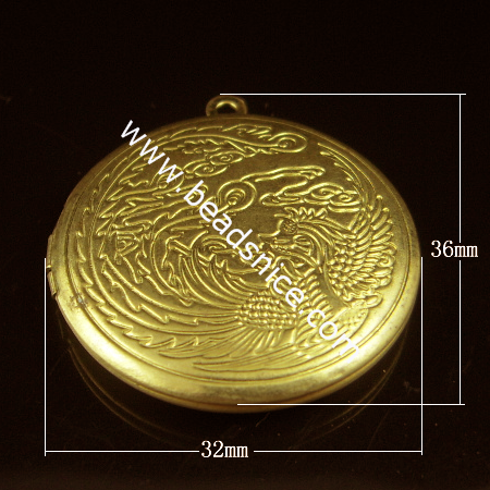 Brass Pendant, Album box, Flat Round, 36x32mm,inside diameter 24.5mm,Nickel free, Hole:Approx 2MM,