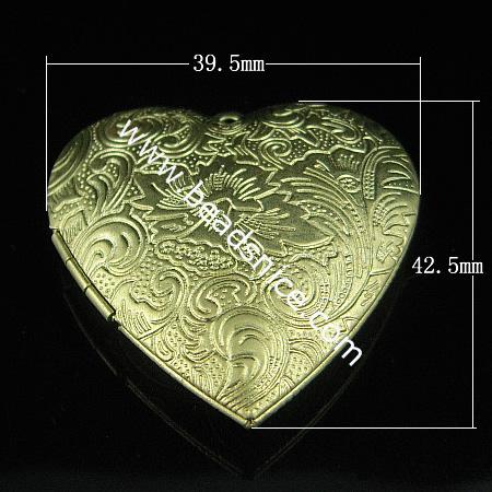 Brass Pendant, Album box, Heart, 42.5x39.5mm,inside diameter 29.2x27mm,Nickel free, Hole:Approx 2.5MM,