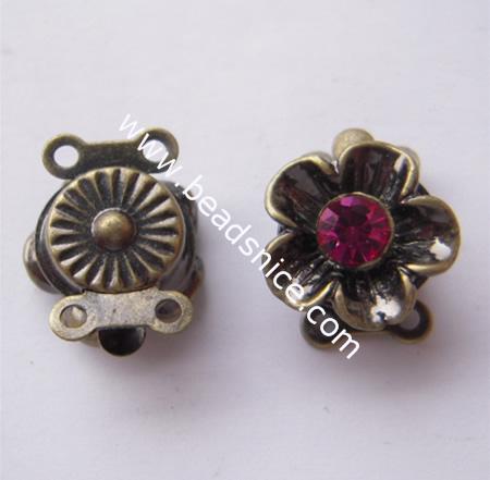 Round Box Flower Pinch Tab Clasp, with rhinestone,nickel free,11x13x7mm,Hole:approx:1MM,
