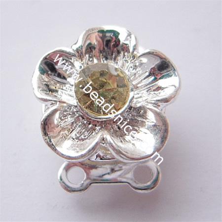 Round Box Flower Pinch Tab Clasp, with rhinestone,nickel free,11x13x7mm,Hole:approx:1MM,