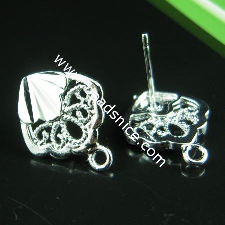 Jewelry brass ear stud component,Flower,1mm,base diameter:13x13mm,hole:approx 1.5mm,nickel free,lead safe, 