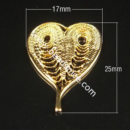 Jewelry earring fingings, brass, heart, 25x17x1mm,hole:approx 1.5mm, nickel free,lead safe,cadmium free,zinc free,