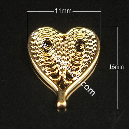 Jewelry earring fingings, brass, heart, 15x11x1mm,hole:approx 1.5mm, nickel free,lead safe,cadmium free,zinc free,