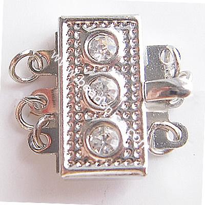 Brass clasp with rhinestone,three rows,18x18mm,rectangle,nickel free,lead safe,