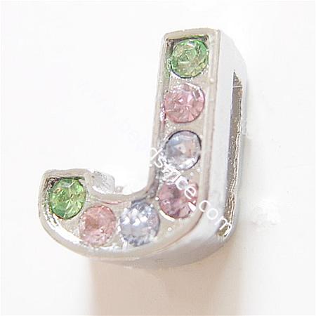 Jewelry letter rhinestone,alloy,code J,11x9mm, nickel free,lead safe,zinc free,cadmium free,