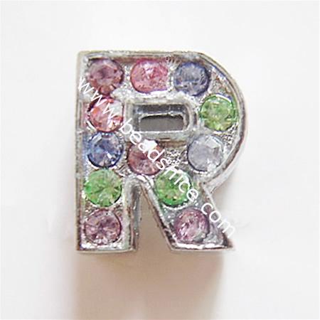 Jewelry letter rhinestone,alloy,code R,10x12mm, nickel free,lead safe,zinc free,cadmium free,