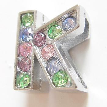 Jewelry letter rhinestone,alloy,code K,10x11.5mm, nickel free,lead safe,zinc free,cadmium free,
