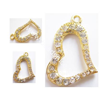 Jewelry alloy pendant components,with rhinestone,26x19mm,hole:approx 3mm,heart,nickel free,
