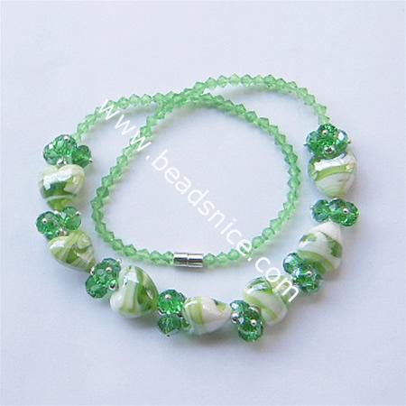 Imitated  crystal glass necklace with magnetic clasp,faceted roundel, 5mm wide,heart 15x15mm,length 18 inch,mix-color,