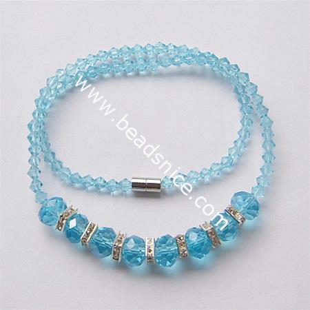 Imitated  crystal glass necklace with magnetic clasp,faceted roundel, bead 5mm & 10x7.5mm,length 17 inch,