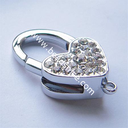 Lobster claw clasp with Rhinestone,alloy, lead-free, nickel-free, 40.5x25mm,hole approx 2.5mm,
