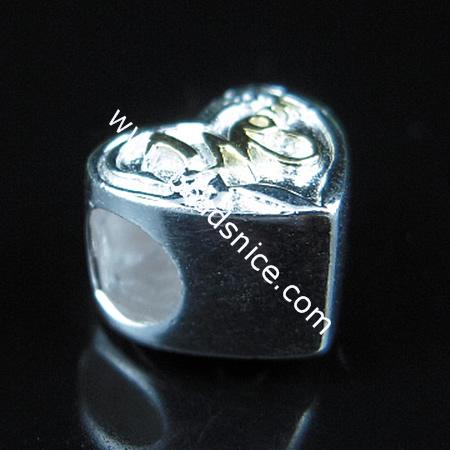 925 Sterling silver european style bead,8.5x10.5mm,hole:approx 4.5mm,no ,heart,