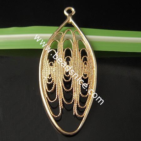 Brass Filigree Pendant ,48x19mm,Hole:about 2mm,Lead-Safe ,Nickel-Free,