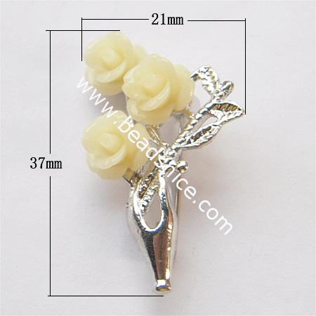 Plastic brass brooch,37x21mm,flower:10mm,