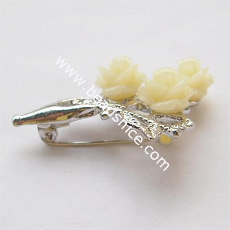 Plastic brass brooch,37x21mm,flower:10mm,