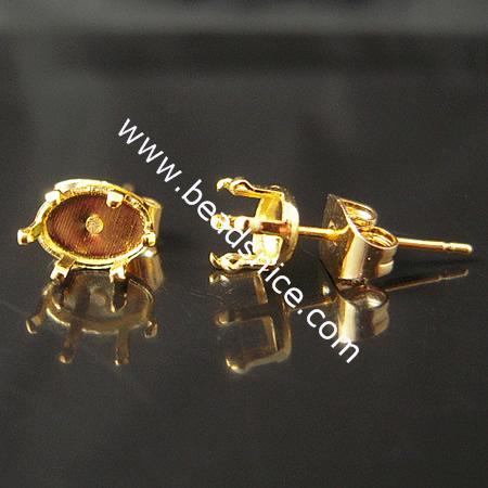 Brass Stud Earring Post,oval, cabochon setting, without earnut & with steel pin, more plated colors for choice