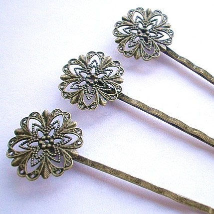 Filigree Hairpin Clips,Brass, Antique Bronze Color, Size: about 2mm wide, 55mm long, 2mm thick; Tray:1mm thick,
