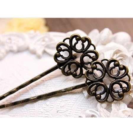 Filigree Hairpin Clips,Brass, Antique Bronze Color, Size: about 2mm wide, 55mm long, 2mm thick; Tray:1mm thick,