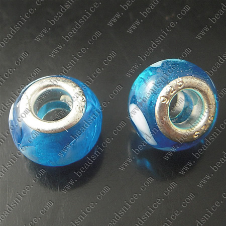 Lampwork European Beads With Plated Silver Double Core, Rondelle, 10X14mm, Hole:Approx 5MM,