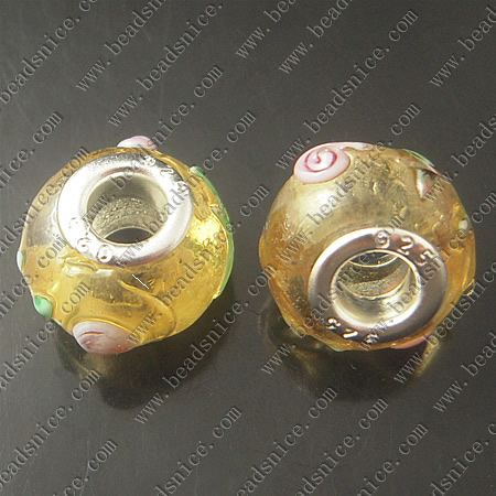 Lampwork European Beads With Plated Silver Double Core, Rondelle, 14X11mm, Hole:Approx 5MM,